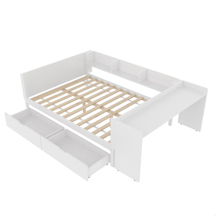 Lit combiné avec bureau intégré 140 x 200 cm avec 2 tiroirs 3 étagères sans matelas en pin et panneau de particules blanc