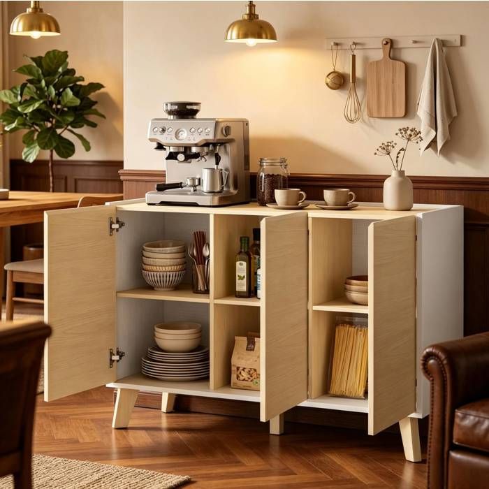 ULEVR buffet de cuisine 120 cm style scandinave blanc et naturel meuble de rangement 3 portes 6 compartiments
