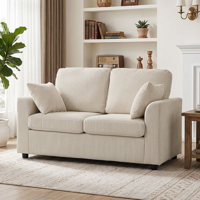 Canapé 2 Places - CRESTA - 144 cm - Velours côtelé beige - Assise mousse HR & ressorts ensachés - Compact 2 oreillers Canapé 2 Places - CRESTA - 144 cm - Velours côtelé beige - Assise mousse HR & ressorts ensachés - Compact 2 oreillers