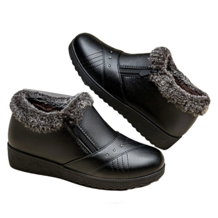 Chaussures De Ski Bottes dhiver thermiques en cuir avec fermeture éclair confortables doublées de noir