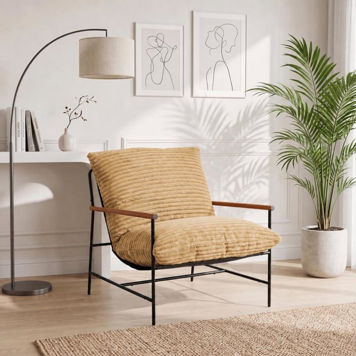 Fauteuil dappoint surdimensionné rembourré‑Velours côtelé 400G‑Oxford 700D‑Accoudoirs bois‑Structure métallique‑Marron‑Salon