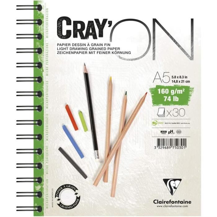 Bloc à Dessin Clairefontaine Cray'ON - 50 Feuilles A4 120g Grain Fin - Papier Blanc Pour Crayon, Fusain - Détachable
