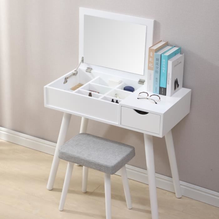 Luxs Coiffeuse Table De Maquillage Avec Miroir Pliable Et Tabouret 80 40 75cm Cdiscount Maison