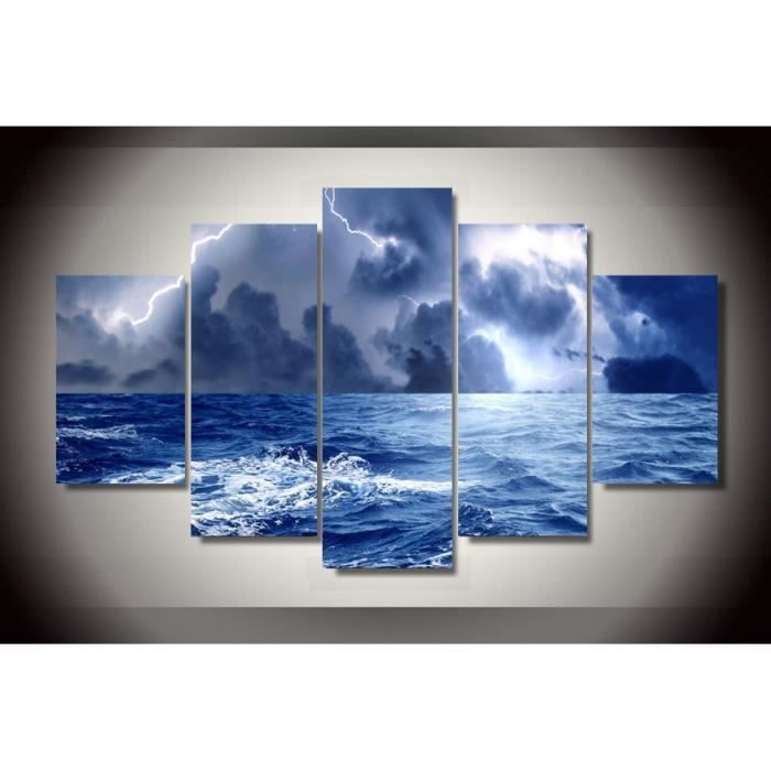 No Frame Tableau Toile Peinture 5 Pieces Tempete Foudre Mer Vague Marin Affiche Achat Vente Tableau Toile Cdiscount