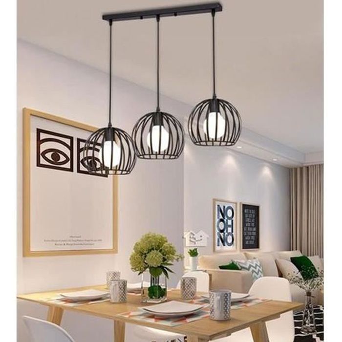UNI Lustre Suspension 3 Lampes en Métal E27 195cm Noir