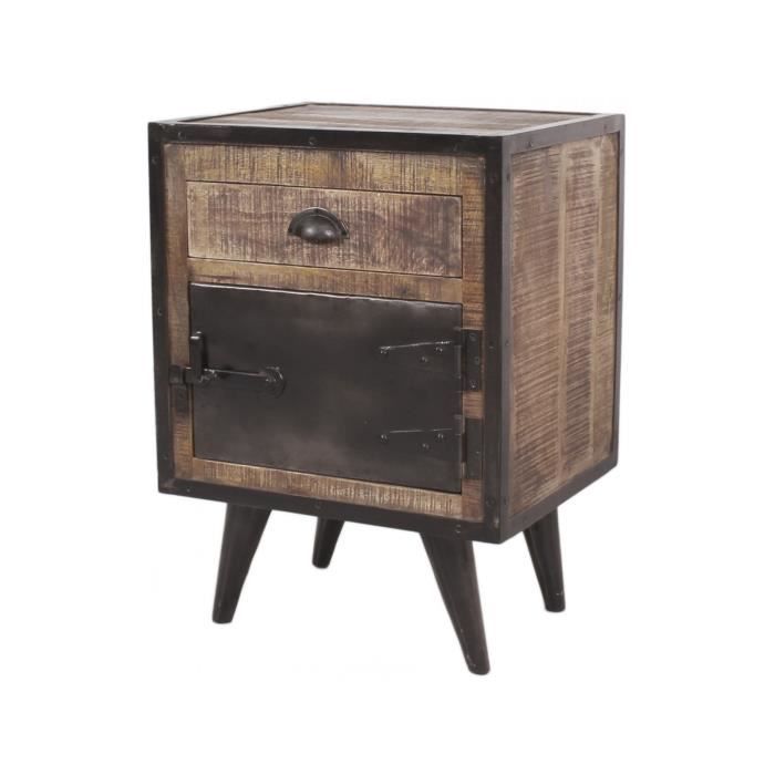 Table De Chevet Industrielle 50x40 Cm En Bois De Manguier Et Fer