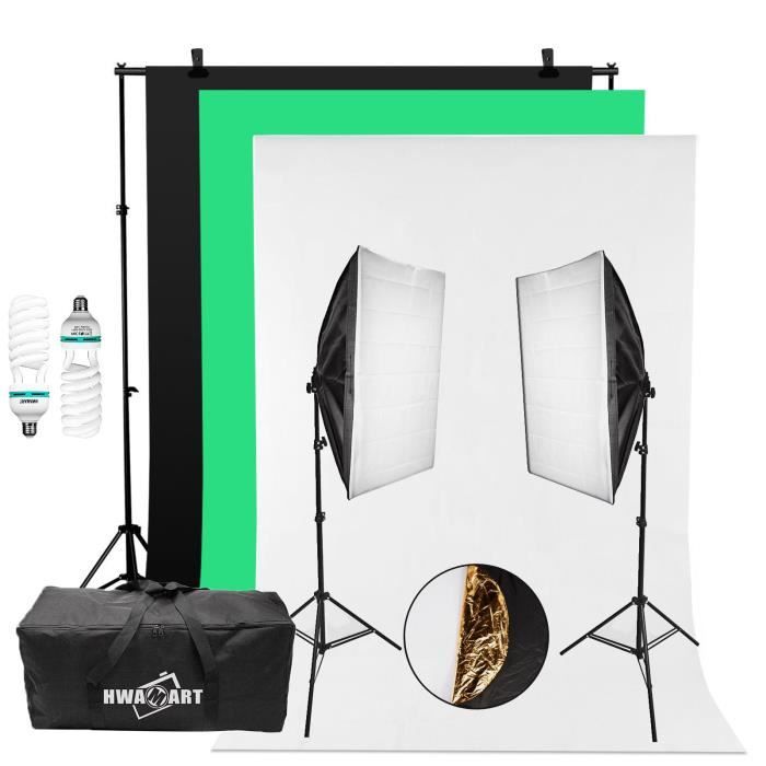 Système de Support de Fond 3m x 2m avec Toile de Fond, Kit d'Éclairage de Softbox de 150W 5500K pour Photographie Studio Photo