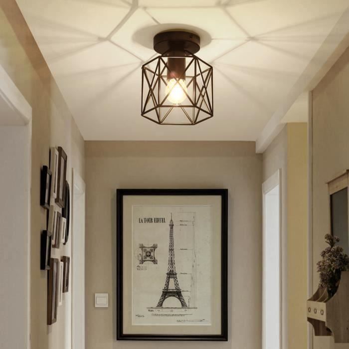 Plafonnier Industrielle Cage forme Diamant Carré Fer Lustre suspension luminaire pour couloir entrée allée porche Noir M32415