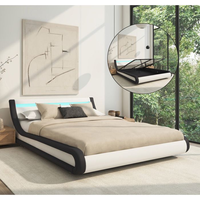 Lit Coffre Parisina - PARISINA - 180x200cm - Blanc et Noir - Bois et Simili Cuir - Rangement