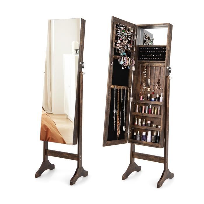 costway armoire à bijoux sur pieds 3 en 1 - miroir hd - 4 angles d'inclinaison rangement cosmétiques et bijoux style industriel brun