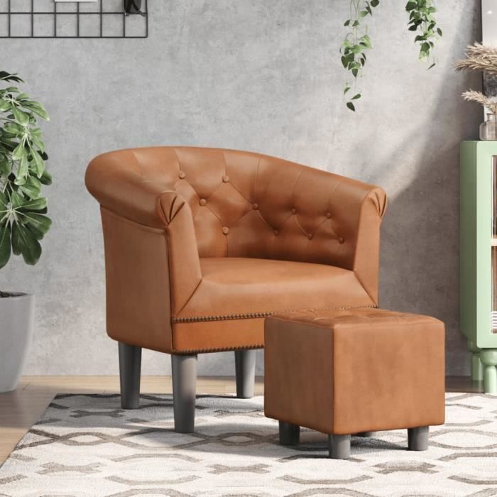 Fauteuil Cube Similicuir Marron Avec Pieds Chromés - Neuf