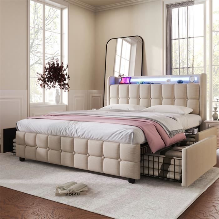 lit capitonné avec 4 tiroirs, lit avec sommier à lattes en bois, tête de lit led avec fonction de recharge usb, beige 160x200cm