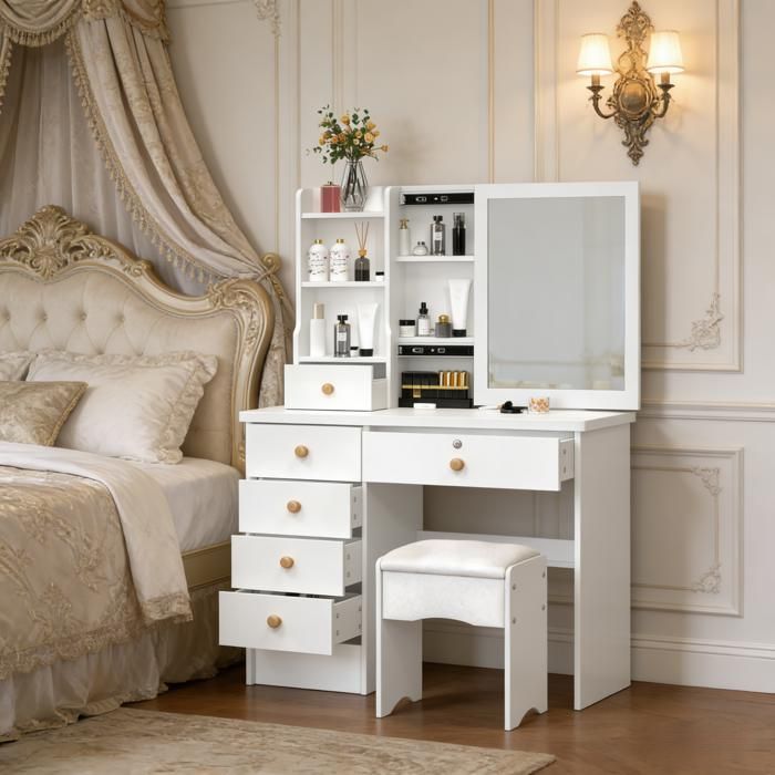 Coiffeuse avec Miroir - Table de Maquillage avec 6 Tiroirs - FLASIDU- 80*37*122cm- miroir coulissant- Blanc- 3 étagères ouvertes