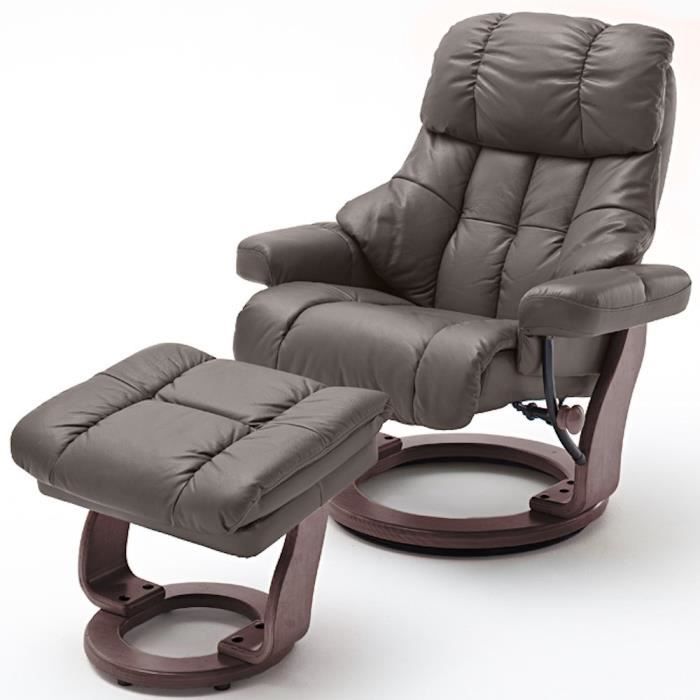 fauteuil relax clairac xl assise en cuir marron pied en bois couleur noyer avec repose pied marron cuir inside75