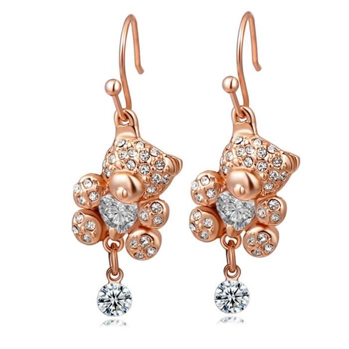 Parure Bijoux Plaqué Or Strass Fleur - Collier + Boucles D'oreilles, Neuf Avec étiquettes