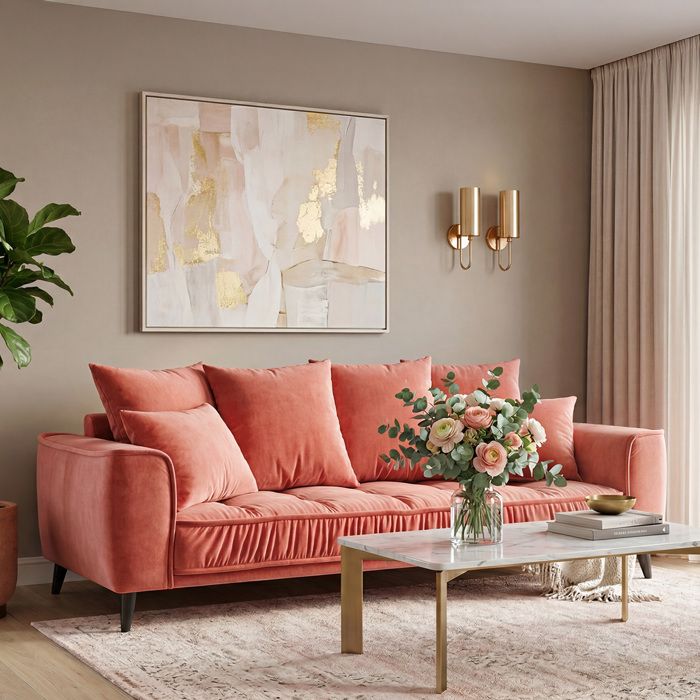 Canapé droit Altamo en velours rose - 3 places Canapé droit Altamo en velours rose - 3 places