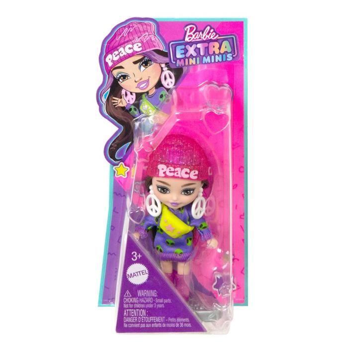 Poupée Barbie Extra Mini Minis - MATTEL - HLN46 - Robe pull imprimé - Bonnet rouge - Accessoires