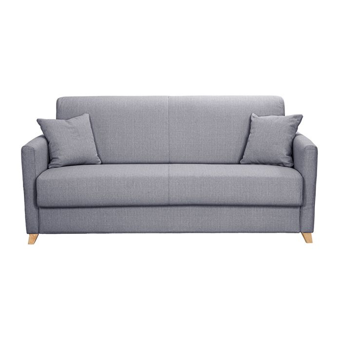 Miliboo - Canapé convertible 3 places en tissu gris clair et bois clair avec matelas 18 cm SKANDY Miliboo - Canapé convertible 3 places en tissu gris clair et bois clair avec matelas 18 cm SKANDY