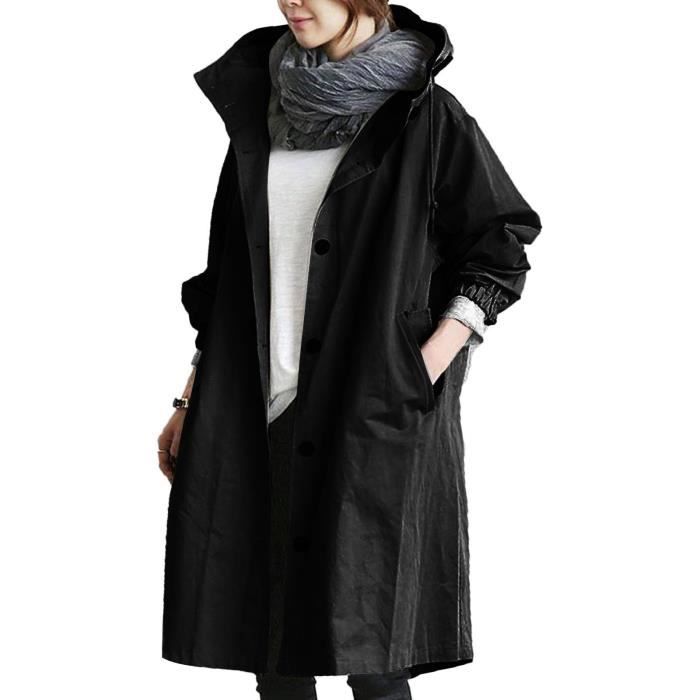 Trench Femme Hiver lâche à capuche sauvage élégant coupe-vent vêtements d'extérieur confortables @Noir