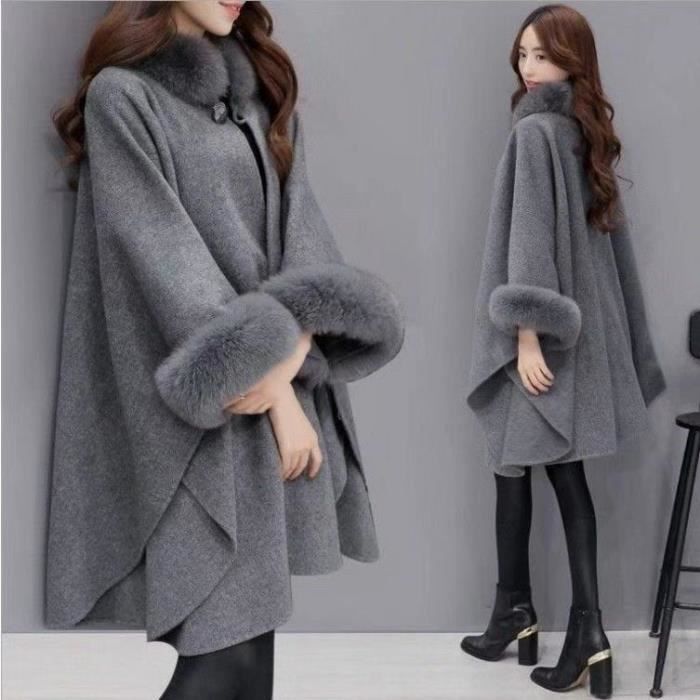 Poncho Cape Femme Blousons Collier Fourrure Gilets Ourlet Outwear