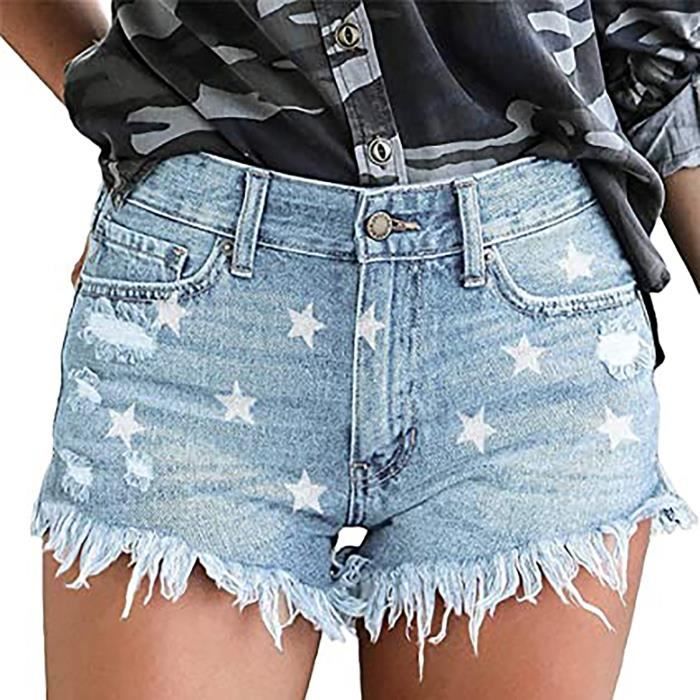Short-culotte en jean bleu clair délavé bicolore à ourlet élimé