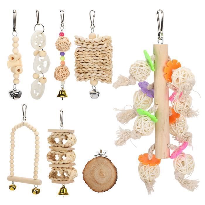 Comparer les prix de Ensemble de jouets pour perroquets - OMABETA - 8 Paquets - Bois, paille, luffa - Multicolore