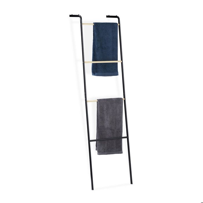 Relaxdays Échelle Porte-serviettes 4 barres métal rangement serviettes vêtements HxlxP: 160x40x26 cm noir