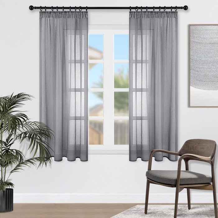 Rideaux Voilages 2 Panneaux Beige/Blanc Motif Géométrique - 140 Cm Largeur, Hauteur 145 Cm, Œillets 4 Cm
