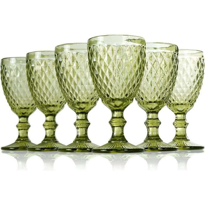 4 Verres à Vin Vintage Verts – 300ml – Motif Gemme Relief – Style Baroque Rétro – Lave-vaisselle Safe – Cadeau élégant