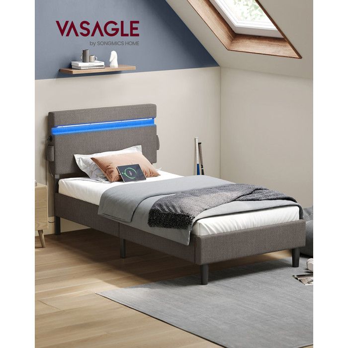VASAGLE Lit Simple en Métal 90 x 190 cm Cadre de Lit Tête de Lit Réglable Éclairage LED Prise Port USB et Type-C Gris Foncé