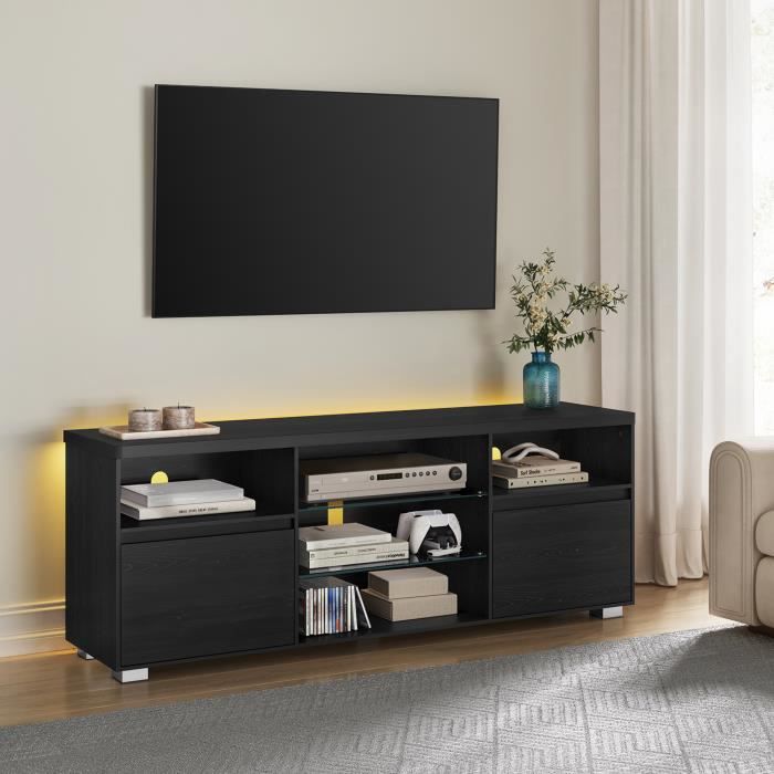 SIRHONA Meuble TV LED Noir 2 Compartiments et 1 Portes Bois Meuble Télé en  Verre avec éclairage LED RVB 16 Couleurs,140 cm