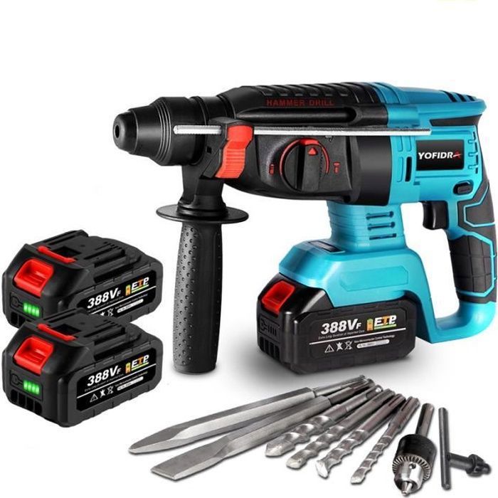 Marteau perforateur électrique sans fil 650W 4 modes 2X 3000mAh Batteries