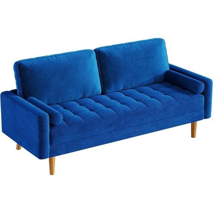 Canapé 2-3 Places en Tissu Velours Style Moderne Scandinave pour Salon Appartement Petit Espace Pieds Bois Massif BLEU