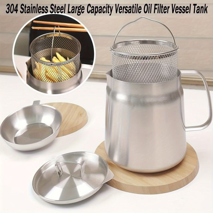 Filtre à Huile De Friture Avec Panier Pot Filtre à Huile En Acier Inoxydable 304 - 2,5 Litres Avec Panier Et Couvercle, 2 En 1 Filtrage Et Stockage Stockage Huile Friture Inox 304