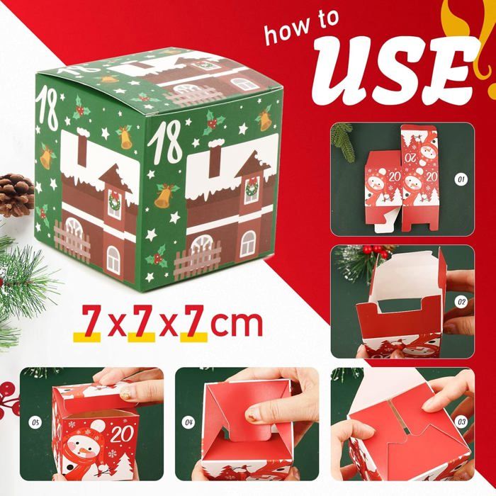 Calendrier De L'Avent Vide à Remplir Soi-même - 24 Boîtes Cadeaux En Papier - Design Festif - Taille 7x7x7 Cm - DIY Noël