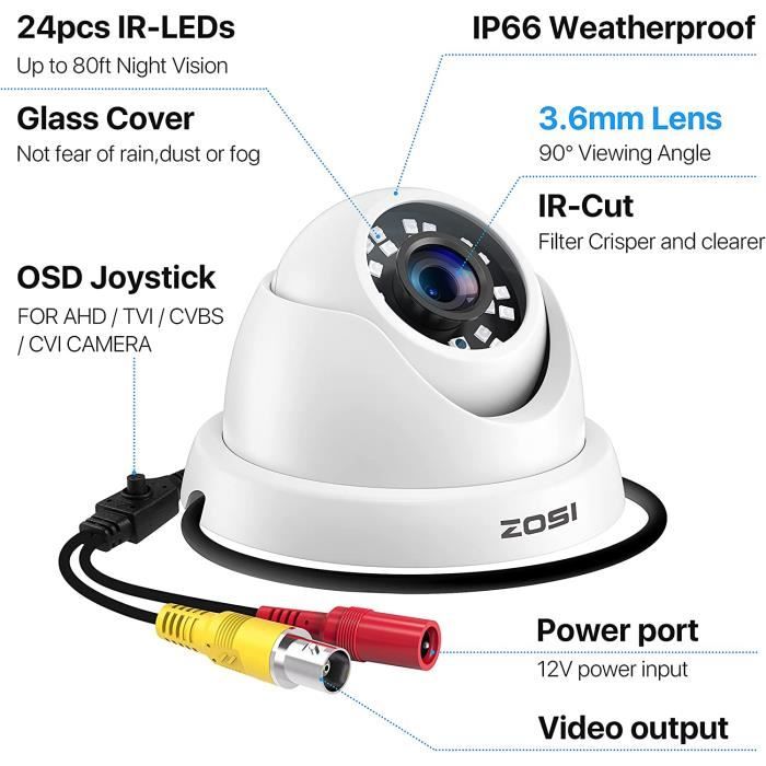 ZOSI 1080p Caméra de Surveillance (Quadbrid 4-in-1 HD-CVI/TVI/AHD/960H  Analog CVBS) 24PCS LEDs Vision Nocturne 65ft, Objectif 3.6mm - Cdiscount  Bricolage