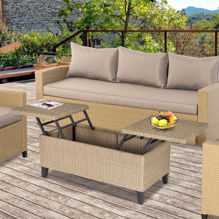 Tavolino Basso Da Giardino Outsunny Cosy Chic – In Resina Intrecciata Beige Con Piano Sollevabile E Antiruggine - 2