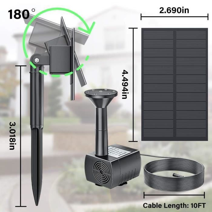 Pompe de bassin solaire pour extérieur, 5 W, 5 V, fontaine solaire, décoration de jardin, avec panneau solaire enfichable, 180 l/h, pompe à eau
