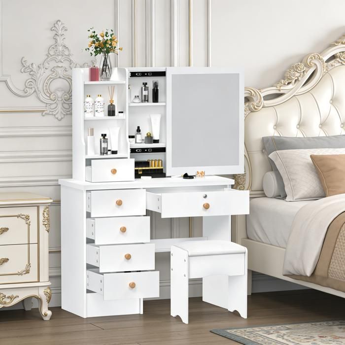 Coiffeuse avec Miroir - Table de Maquillage avec 6 Tiroirs - FLASIDU