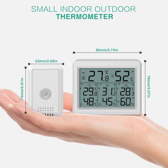 Thermomètre Intérieur Extérieur, Thermomètre Connecté avec 3 Capteurs Sans  Fil, Surveiller Humidité et Température (℃/ ), Enregistrer MAX & MIN,  Affiche Indications de Tendance et Confort