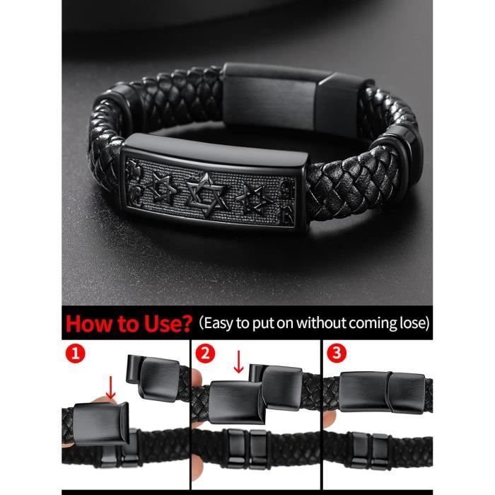 Bracelet Cuir Homme Avec Fermoir Magnétique - Motifs Étoile De David, Croix Des Templiers Ou Tête De Mort, Cadeau Personnalisable