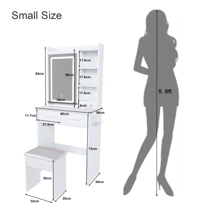 ZZINOKE Coiffeuse Blanche Avec Tabouret Et Miroir LED 9 Lampes – 3 Étagères, 2 Tiroirs, 80x40x142 Cm