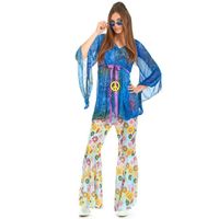 Déguisement hippie femme - Flower Power - Tunique, pantalon et collier - Blanc et couleurs vives