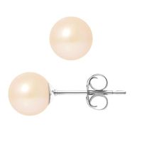 PERLINEA - Clous d'Oreilles - Véritables Perles de Culture d'Eau Douce Rondes 7-8 mm Rose Naturel - Bijoux Femme