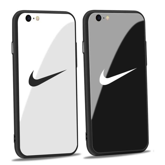 2PCS Coque iPhone 6-6s,Nike Blanc Noir Verre Coque Bumper Housse Etui pour iPhone - Téléphonie