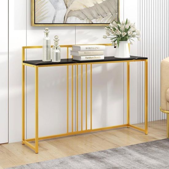 Table Console Giantex 120x30x90cm | Surface Imitation Marbre Noir | Structure Fer | Pour Entrée, Salon