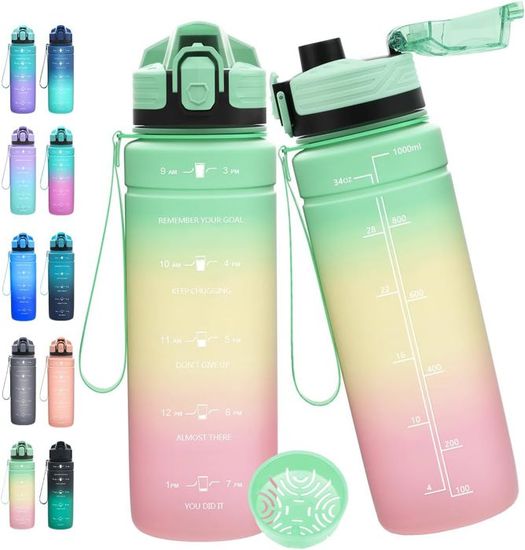 Gourde Sport 1L, Bouteille Reutilisable, Gourde Enfant Avec Marqueur De Temps, Bouteille Avec Paille, Bouteille D'eau Étanche, Gourde Pour Gym, Bureau, L'école, Fitness, Randonnée, Yoga, Camping