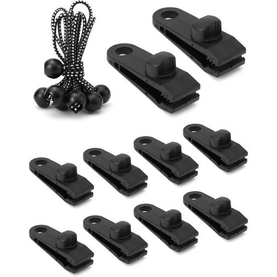 Lot de 10 tendeurs de bâche avec boule et 10 clips pour tente, bâches