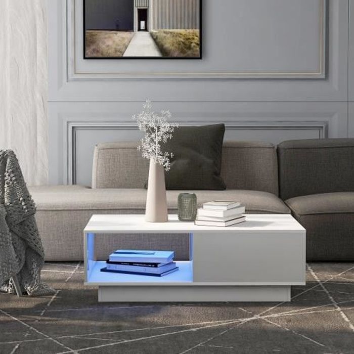 Table basse bar avec LED moderne pour salon 99 x 55 x 32 cm BLANC