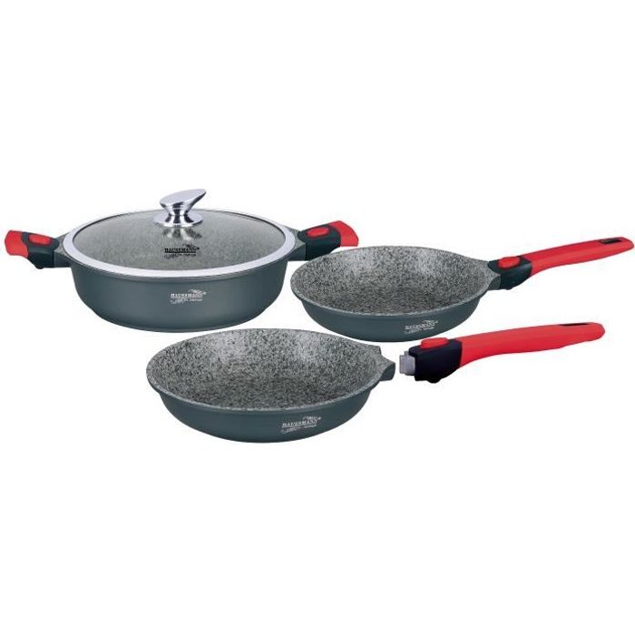 Haussmann Héritage® - 4 pcs sauteuse/poêle set revêtement granite avec 1 poignée amovible - tous feux dont induction - tous feux don